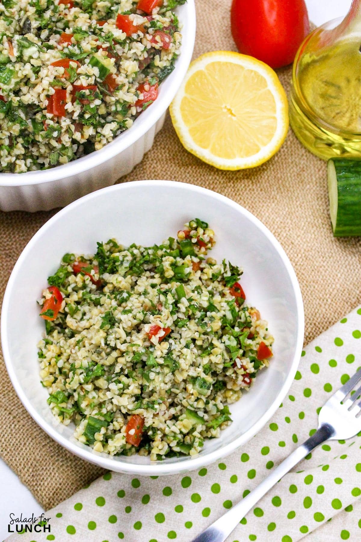 Tabbouleh Salad Recipe 25 - This refreshing Tabbouleh salad is made with bulgur wheat, fresh parsley, mint, tomatoes, and cucumbers, all tossed in a light lemon and olive oil dressing. It's a great option for a light meal or side dish.