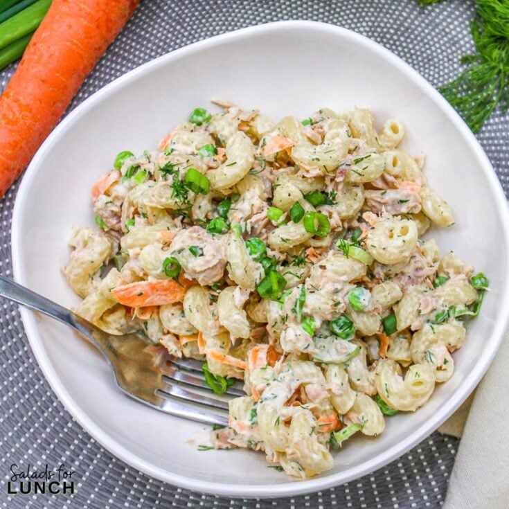 Tuna Pasta Salad Square Featured Photo - Shake up your weekday lunch with these tasty, healthy salads for lunch recipes that are great on the go. Make a filling and healthy salad that will power you through any work day. Full of protein and fiber these quick salads are an easy way to spruce up your lunch.
