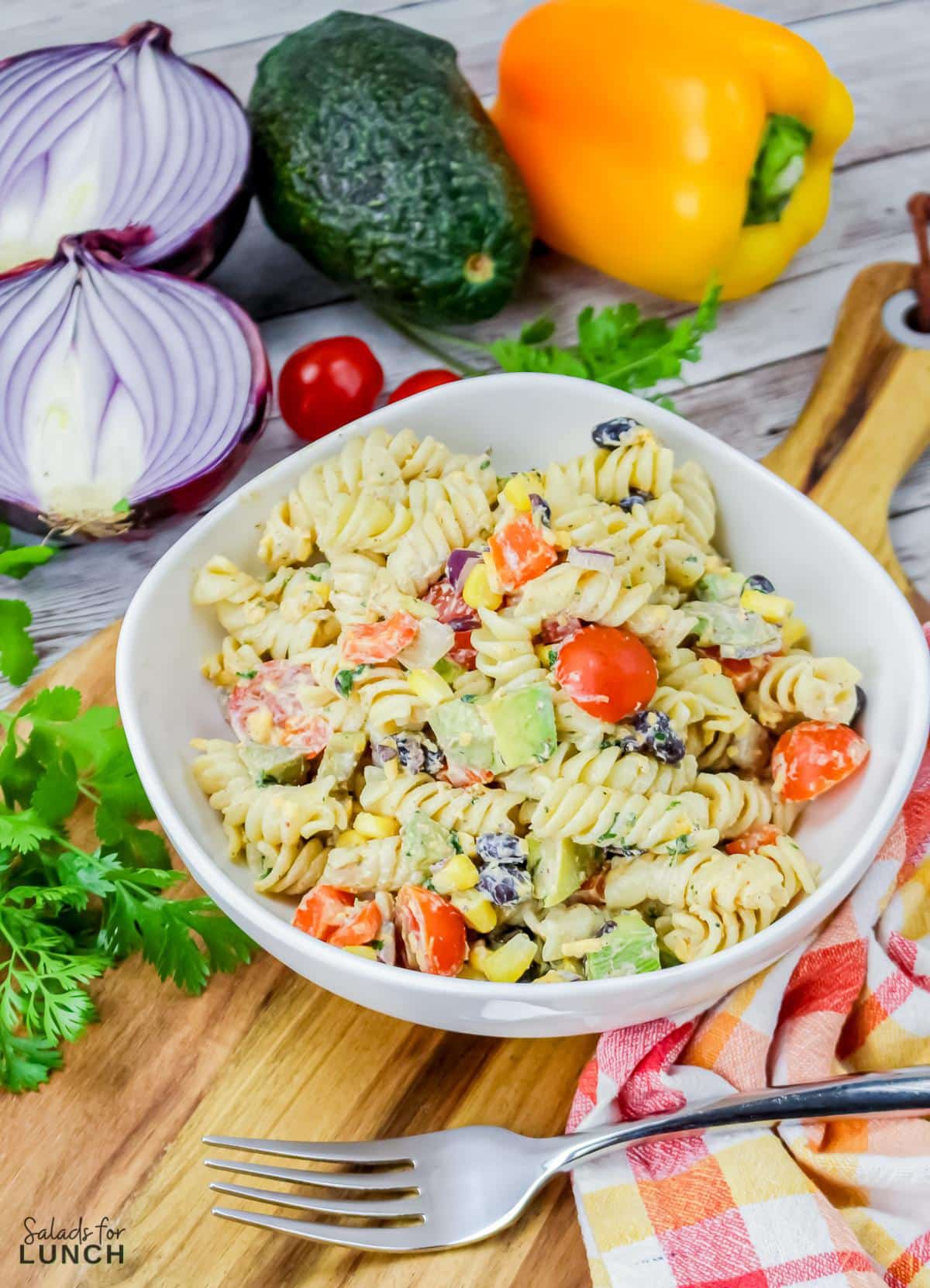 Vegetarian Mexican Pasta Salad 21 - You're going to love this Vegetarian Mexican Pasta Salad! Tender pasta is combined with Mexican-inspired flavors that's loaded with corn, black beans, tomatoes, jalapeño, cilantro, and a creamy lime dressing for a perfect summer time salad, great for barbecues, picnics, grilled meats or fish and more!