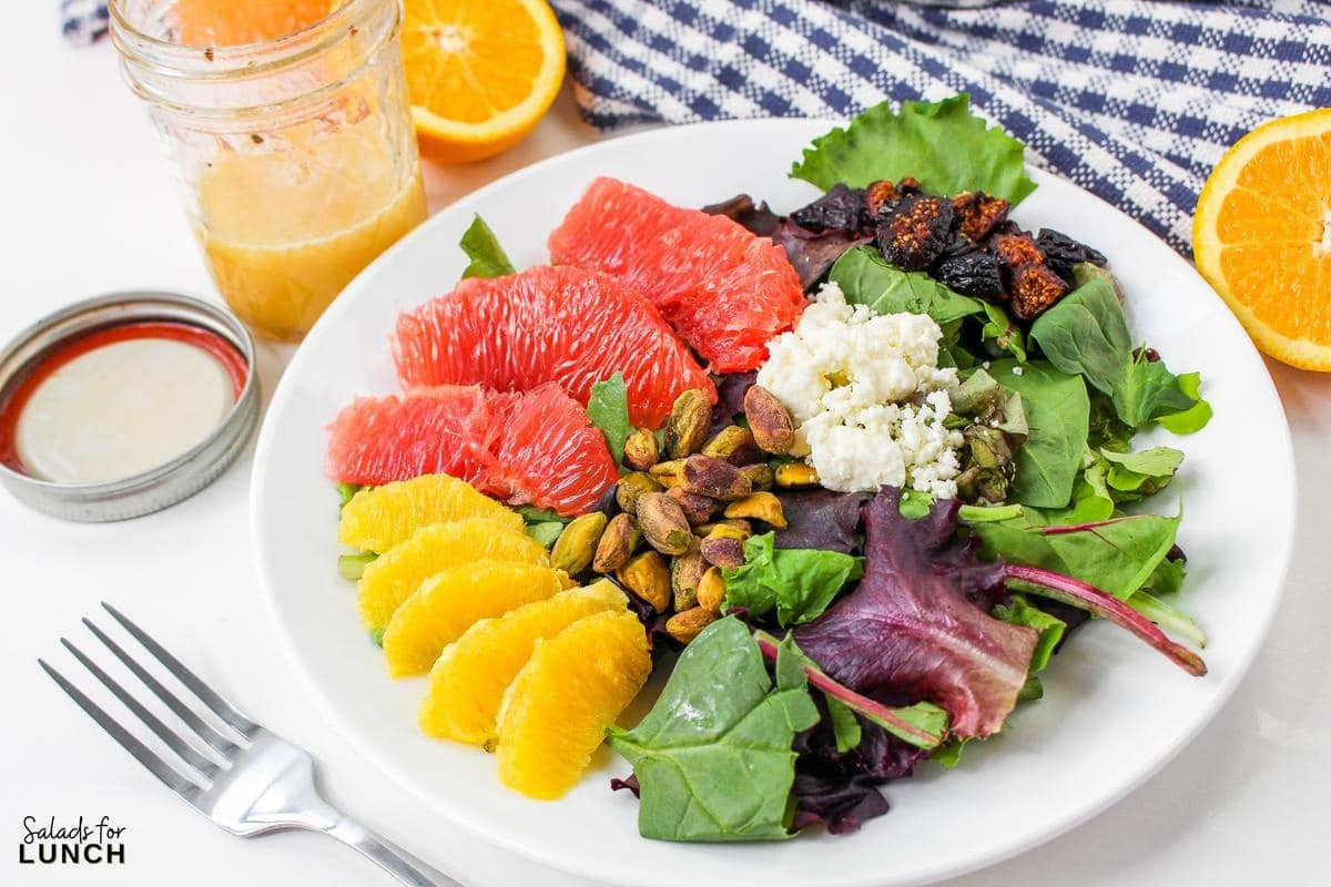 Winter Citrus Salad 24 - This Winter Citrus Salad is the perfect winter salad to go with almost any meal. The tangy citrus vinaigrette, paired with salty feta, sweet figs, roasted pistachios and fresh greens will instantly make you feel like you have your life together. Want more to love? This recipe is grain and gluten-free, and can be made paleo or vegan.