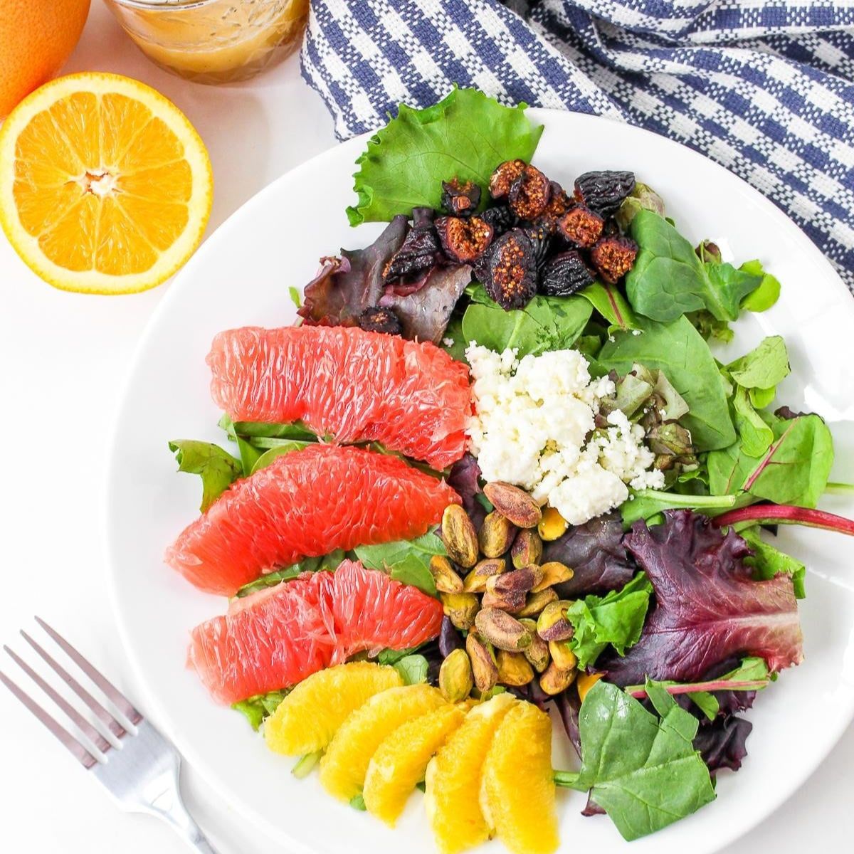 This Winter Citrus Salad is the perfect winter salad to go with almost any meal. The tangy citrus vinaigrette, paired with salty feta, sweet figs, roasted pistachios and fresh greens will instantly make you feel like you have your life together. Want more to love? This recipe is grain and gluten-free, and can be made paleo or vegan.