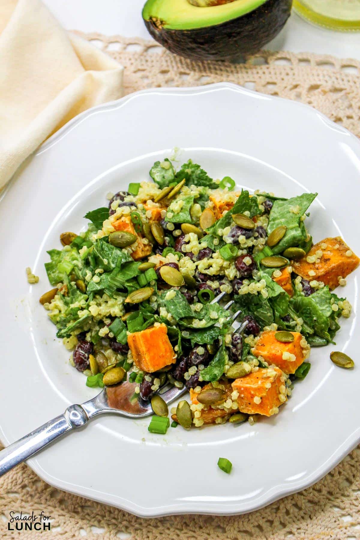 Vegan Winter Kale and Quinoa Salad with Avocado Dressing