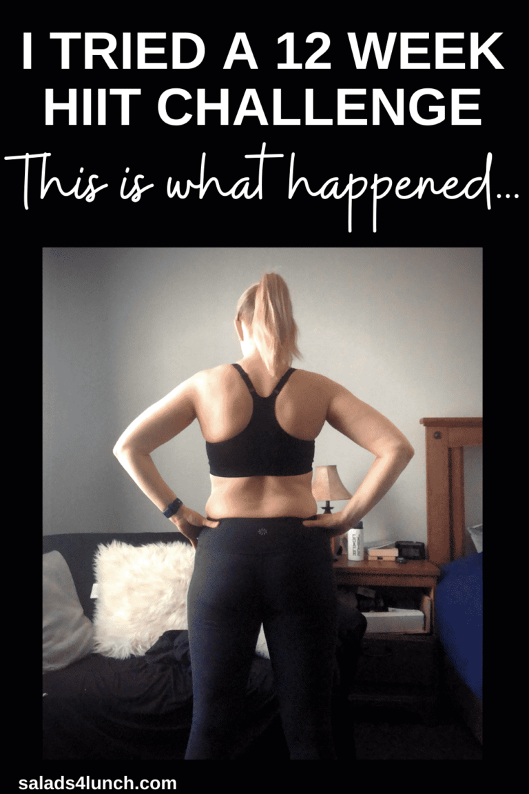 Rear view of a blonde woman with her hair in a pony tail wearing a black sports bra and black capris with her hands on her hips with caption: I tried a 12 week HIIT Challenge... This is What Happened".