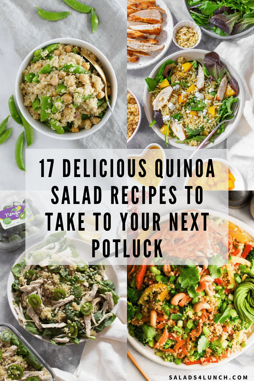 18 Delicious Quinoa Salad Recipes to take to your Next Potluck - 17 DELICIOUS QUINOA SALAD RECIPES TO TAKE TO YOUR NEXT POTLUCK Collage of quinoa salads with text overlay