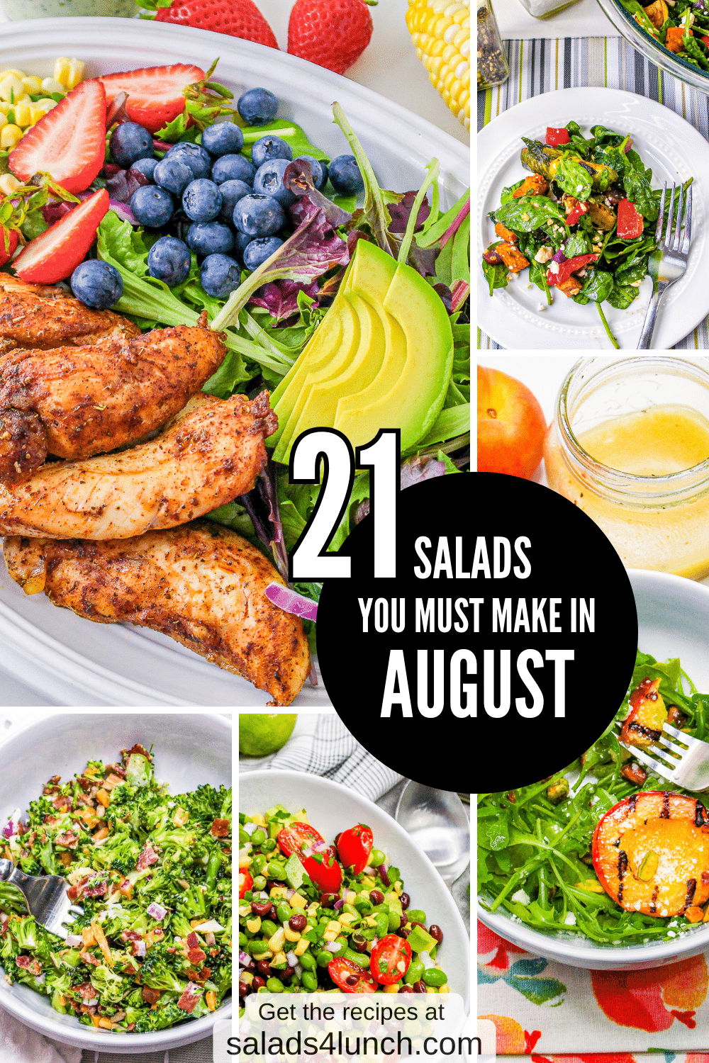 A collage of colourful salads made with seasonal August produce, including peaches and corn.