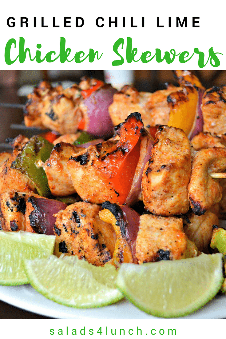 Perfectly paired with white wine pinot grigio, this Chili Lime Chicken Skewers with Veggies makes a nice and healthy summer BBQ dish. #chickenskewers #chililime #salads4lunch