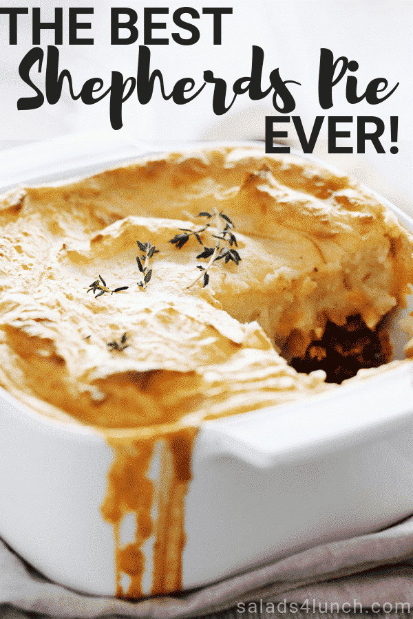 A simple version of the classic meat and vegetable comfort food casserole topped with cheesy garlic mashed potatoes, this is the best Shepherd's Pie recipe you'll ever make! #easyshepherdspie #casserole #gluten-free #groundbeef