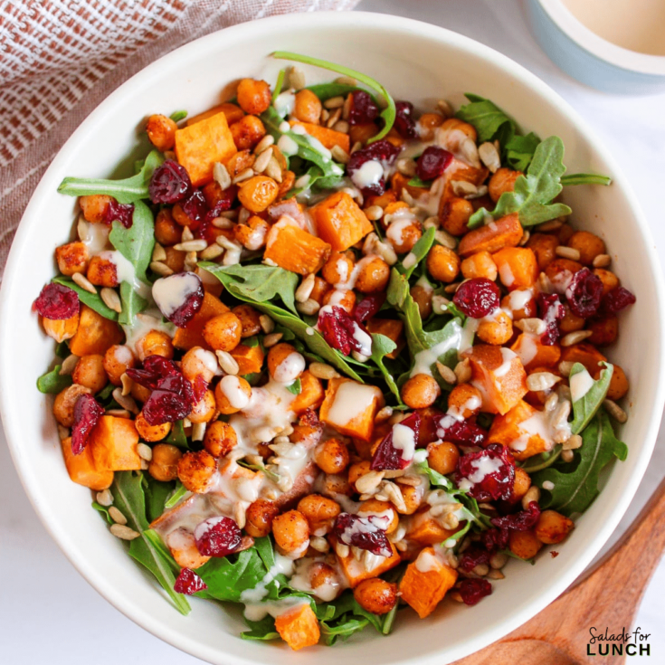 Sweet Potato and Chickpea Salad with Creamy Tahini Dressing Recipe - Shake up your weekday lunch with these tasty, healthy salads for lunch recipes that are great on the go. Make a filling and healthy salad that will power you through any work day. Full of protein and fiber these quick salads are an easy way to spruce up your lunch.